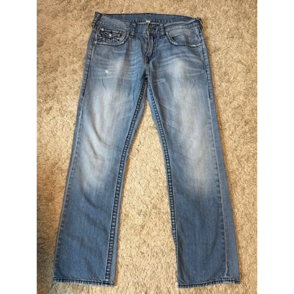 True Religion World Tour Straight Jeans 34 Made in USA‎ Light Wash Flap Y2K VTG